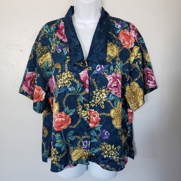 Victoria's Secret Vintage Gold Label Silky Navy Blue Pajama Top Shirt Floral Med - Picture 1 of 8
